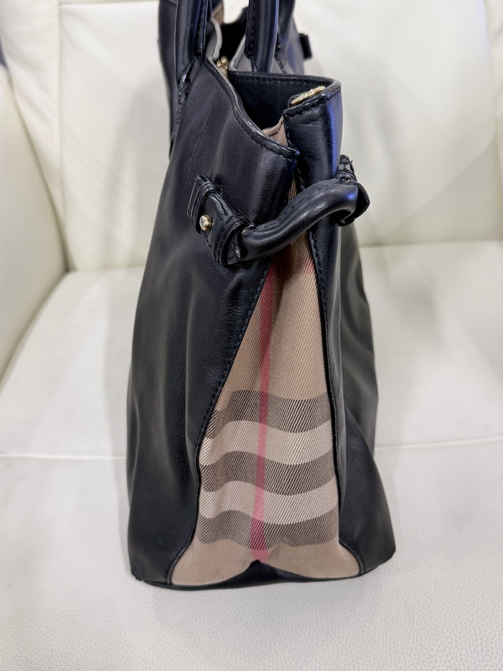 BURBERRY Banner Large Black Leather House Check Tote Bag - Picture 3 of 10